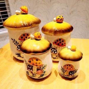 1978 Sears, Roebuck &Co. Merry Mushroom 4 Piece Canister Set with Lids